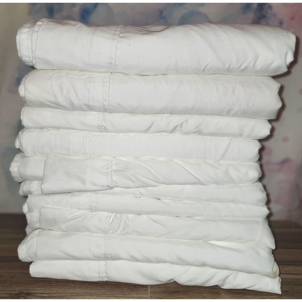Lot Of Ten (10) White Queen Sized Flat Top Sheets Microfiber Spa Massage Bedding